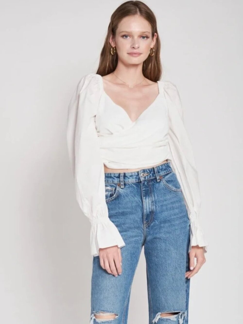 En Saison Ruched Cropped Blouse in White Size Small